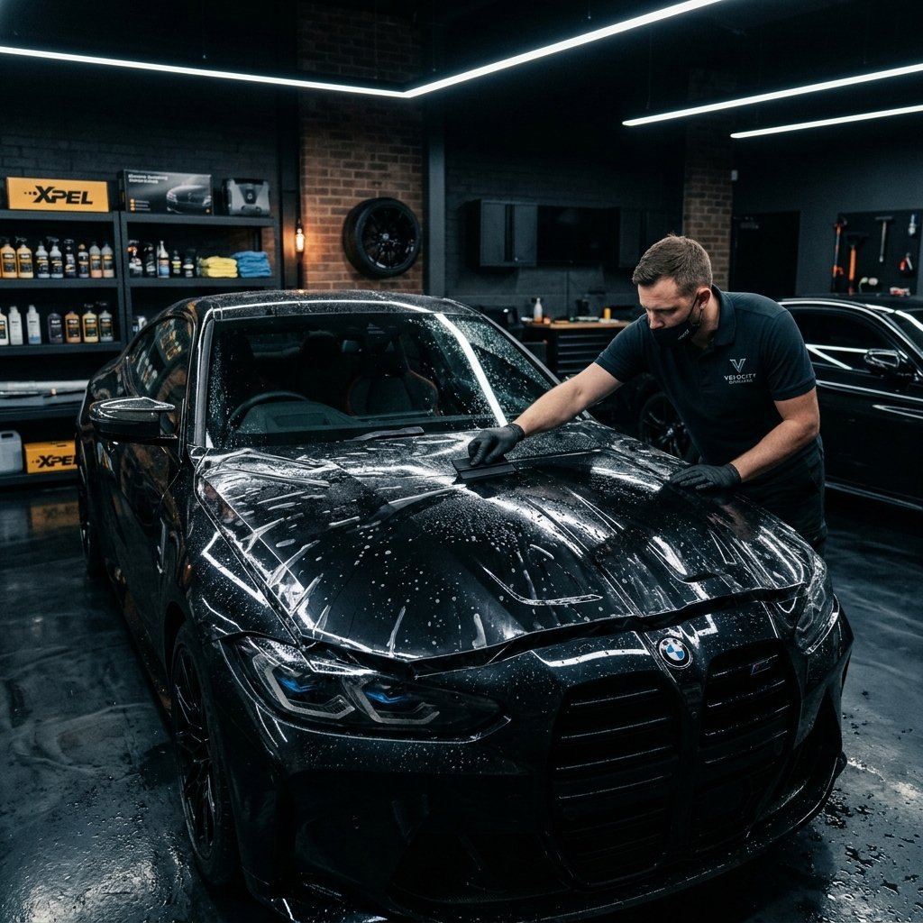 Aplicador passando a espátula no PPF do capô de uma BMW preta dentro do box